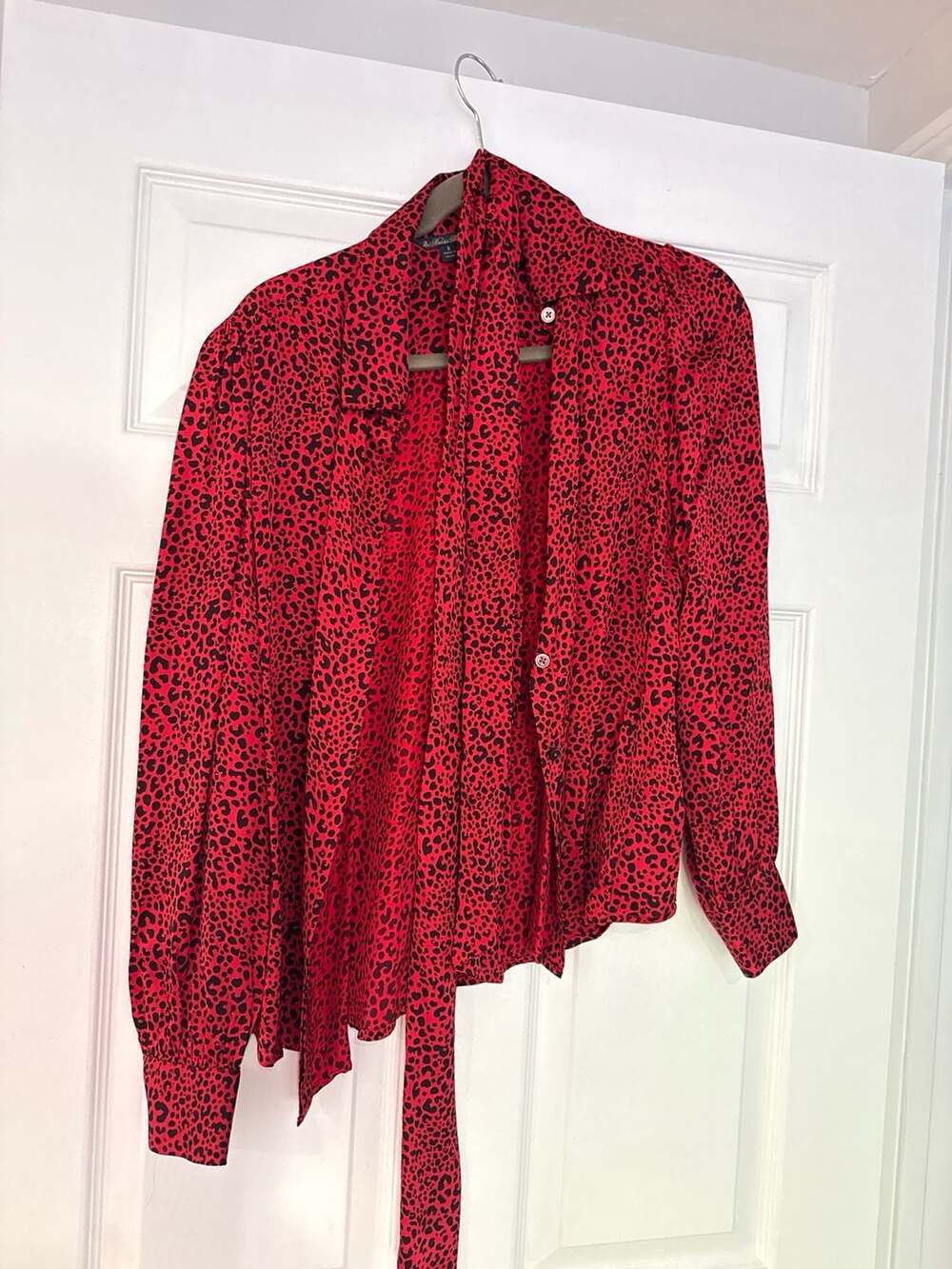 Brooks Brothers Red Leopard Print Silk Tie Neck Blouse